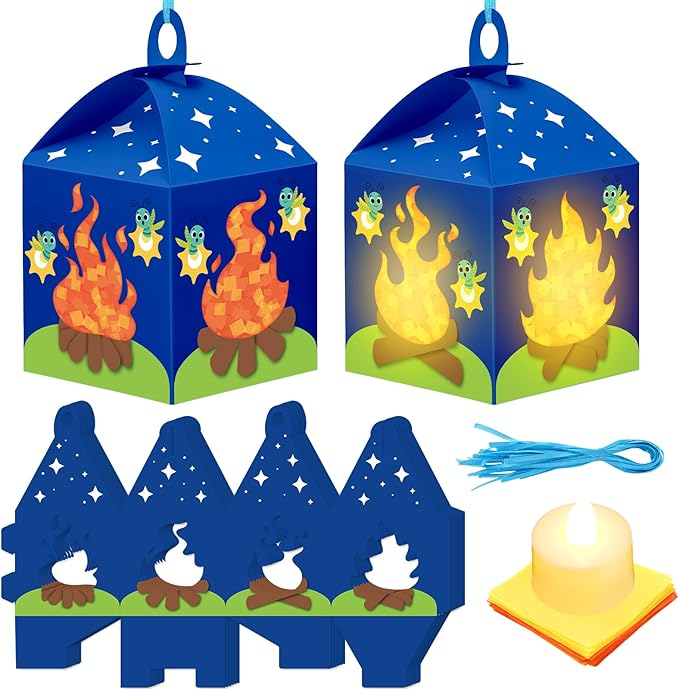 12 Sets Camp Crafts with LED Candles Lights Camping Campfire Vbs Tissue Paper Crafts Kits DIY Campfire Lantern Hanging Ornaments for Vbs Sunday School Party Activities