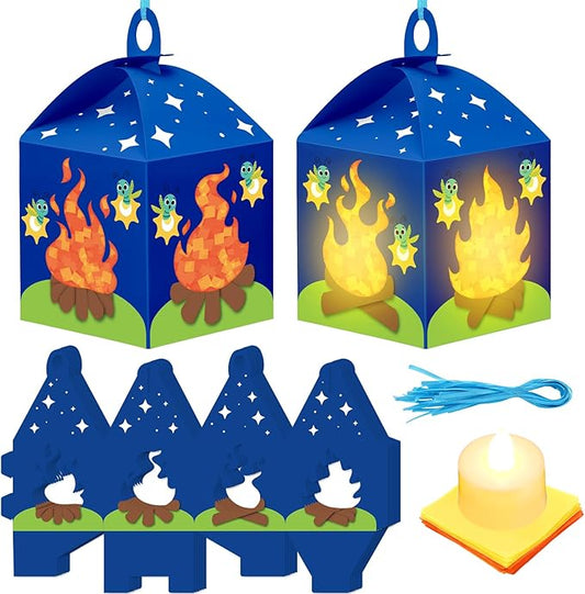 12 Sets Camp Crafts with LED Candles Lights Camping Campfire Vbs Tissue Paper Crafts Kits DIY Campfire Lantern Hanging Ornaments for Vbs Sunday School Party Activities