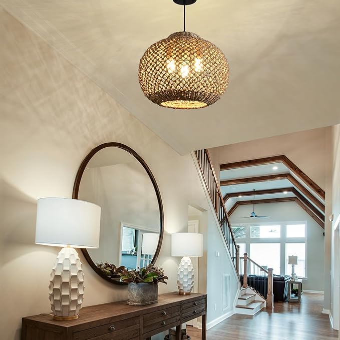 16.94" Rattan Pendant Light Fixture, 3-Light Woven Wicker Seagrass Hanging Lighting Boho Coasta Rattan Chandelier of Kitchen Island Farmhouse Dining Room Entryway Foyer