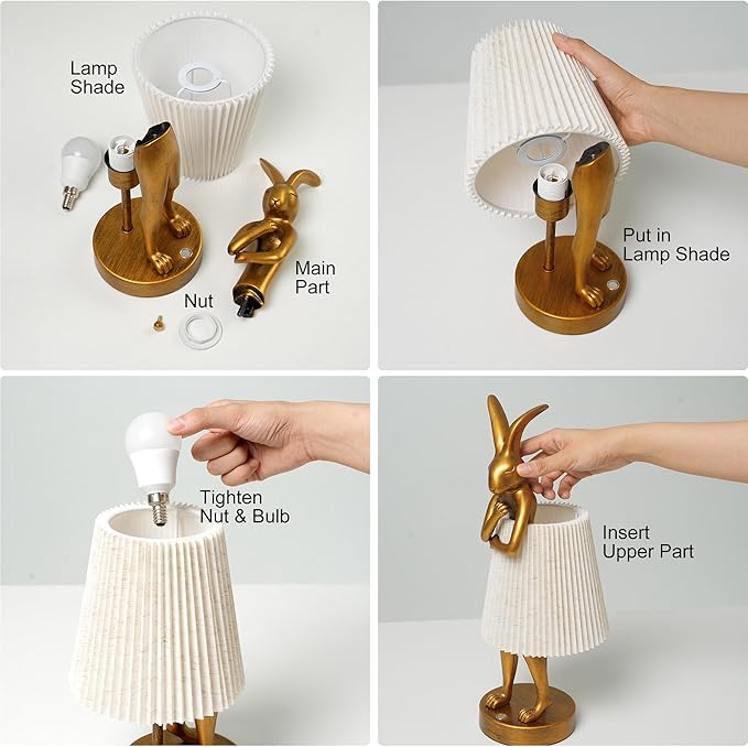 Bunny Cordless Table Lamp with 5000mAh Battery,Rechargeable Resin Rabbit Lamp with Pleated Shade Stepless Dimmable LED Small Cute Animal Light for Kids Room Home Decor Adult Gift(Pattern)