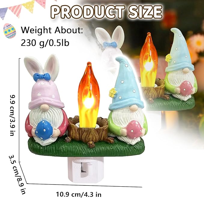 Gnomes Campfire Flickering Nightlight, Rabbit Night Light Plug into Wall Easter Night Light with Switch, Gnomes Decorations for Home (Easter Gnomes)
