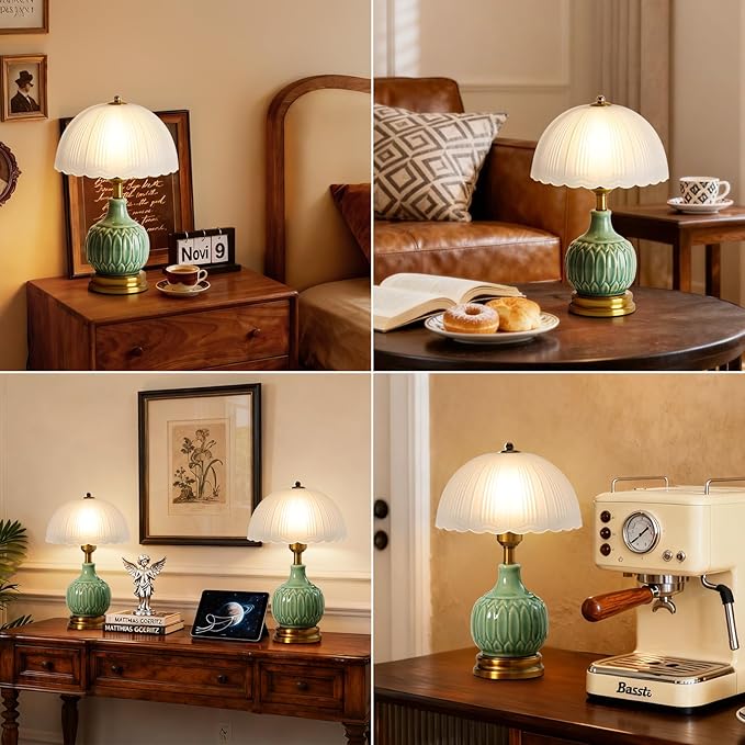 Ceramic Table lamp Set of 2, Modern Bedside Lamps Green Mid Century Vintage Desk Lamp Retro Glass Mushroom Traditional Lamp for Nightstand Living Room Bedroom Home Decor (S03GN-2PACK)