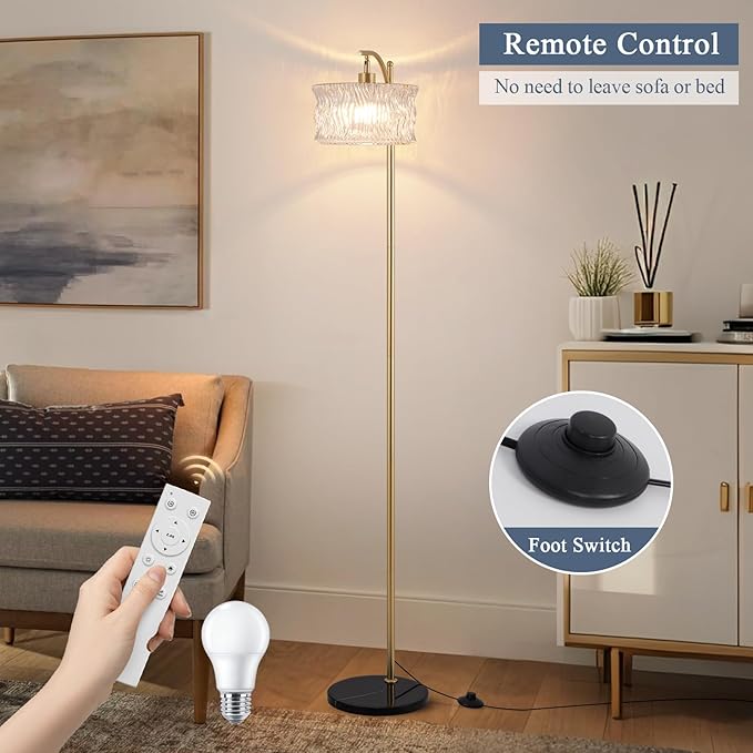 Dimmable Glass Floor Lamp for Living Room, Modern Gold Standing Lamp with Remote Control, Vintage Clear Glass Lampshade Tall Lamp for Bedroom Study Room(LED Bulb Included)