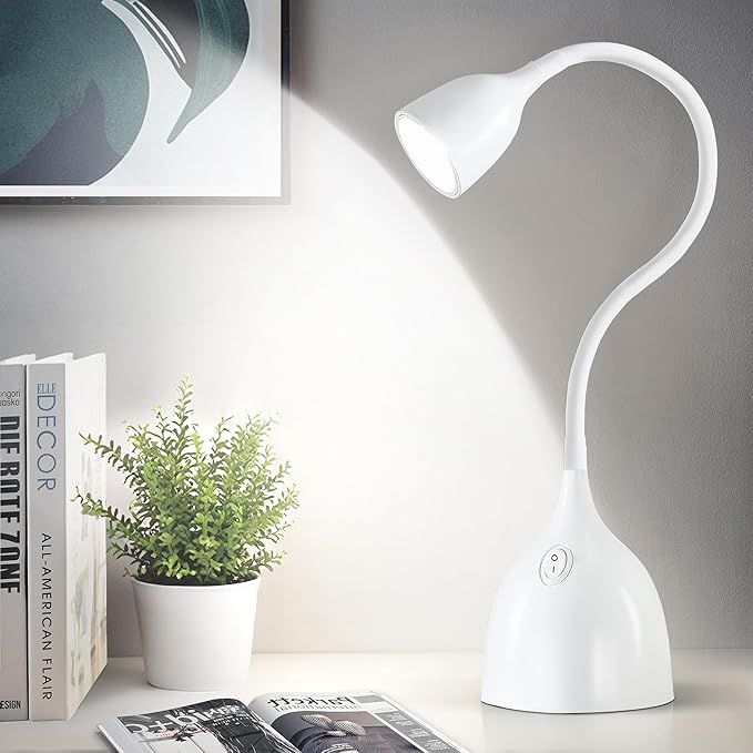 Desk Lamp for College Dorm Room - LED Reading Light - Small Adjustable Flexible Gooseneck Table Lamp - Eye-Caring Desk Lamp for Home Office Study Lamp, White