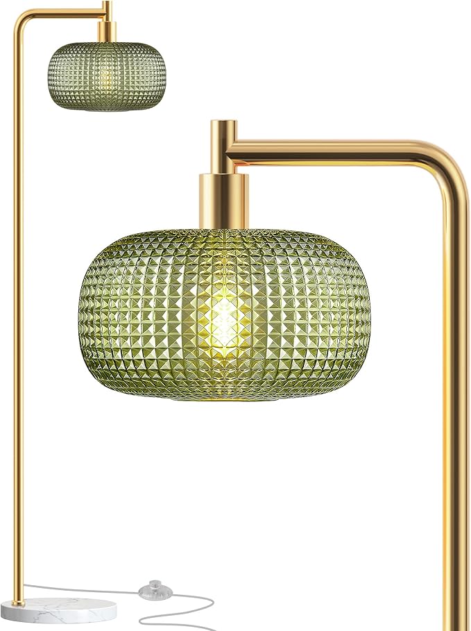 QiMH Gold Floor Lamp for Living Room, Mid Century Modern Standing Lamp Brass Tall Lamp with Green Glass Lamp Shade Marble Base, Large Vintage Retro Floor Lamps for Bedroom Home Decor
