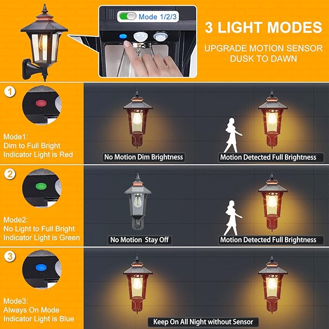 2 Pack Solar Wall Lantern Lights Outdoor with 3 Lighting Modes, Motion Sensor Wall Sconce, Dusk to Dawn LED Exterior Front Porch Lights Fixtures Wall Mount Waterproof for Garage House Doorway Yard