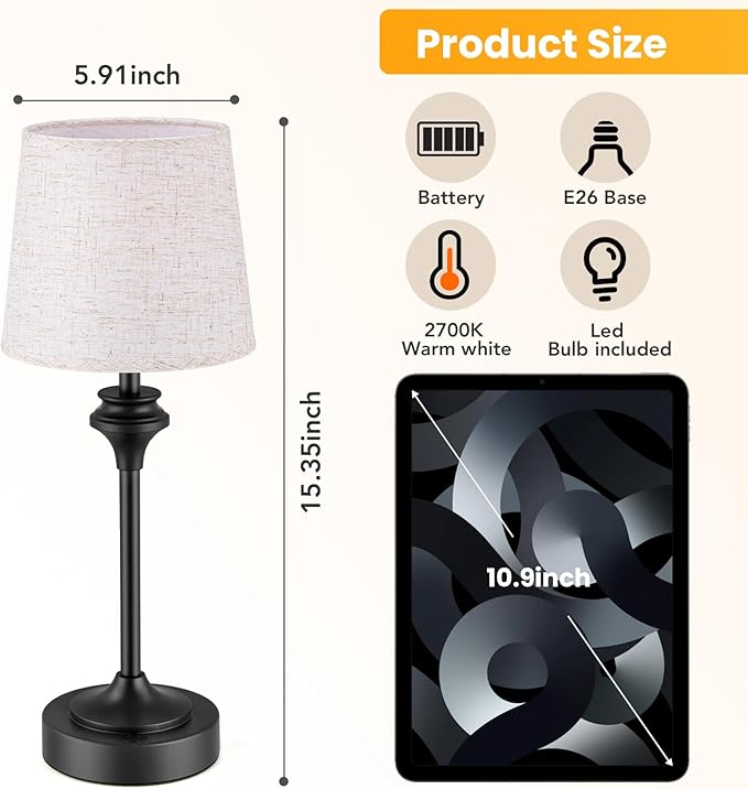 NIORSUN Portables Cordless Table Lamp,Flaxen Fabric Shade Battery Operated Lamp,5200mAh Bedside Table Lamp with Warm White,3 Way Dimmable Touch Desk Lamp for Bedroom Living Room Restaurant (Black)