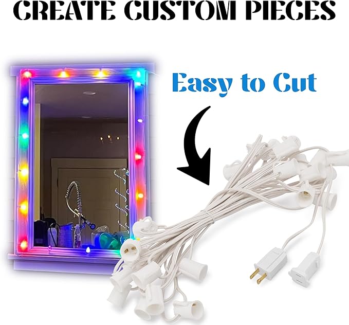 HLO Lighting C7 Light Strings | 100' White Cord with 12" Socket Spacing, E12 Light Stringer for C7 Christmas Lights