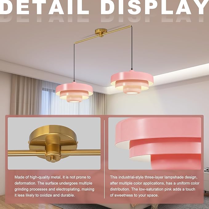 Pink 2-Light Pendant Light Industrial Chandelier, Vintage Adjustable Hanging Lights Modern Pendant Lamp for Kitchen Island, Dining Room, Bedroom, Entryway