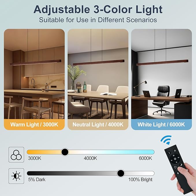 59" Wood Linear Pendant Light, 24W LED Hanging Pendant Light, Pendant Lights Kitchen Island with Remote, Adjustable Linear Chandelier for Dining Room, Kitchen Island, Bar, Offices-Walnut