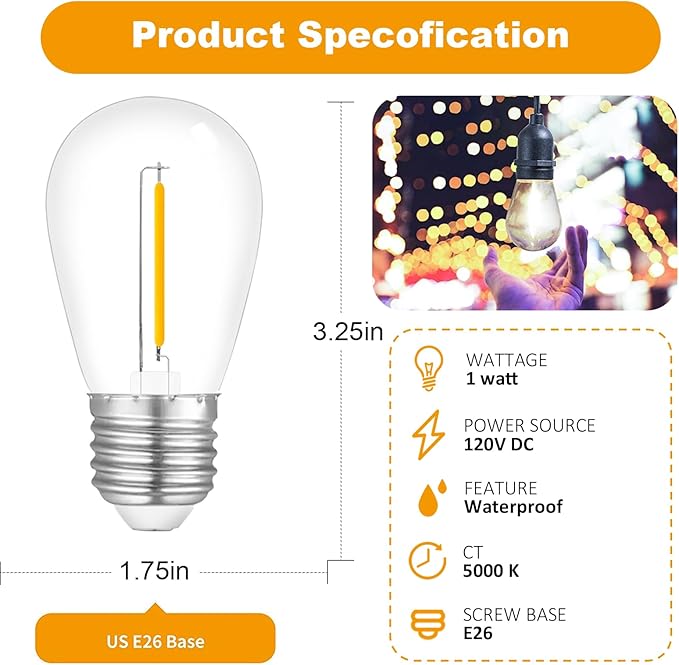 LED 5000K Outdoor String Light Bulbs, Waterproof S14 Replacement Bulb, E26 Base, 1W 120V, Daylight, 24-Pack