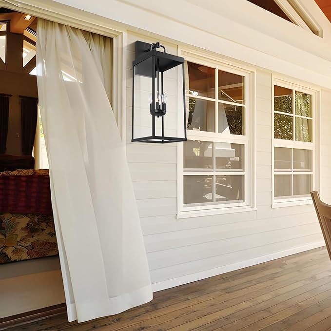 Outdoor Wall Sconce Light, 28 Inch Tall Transitional Exterior Wall Bracket Lighting with Clear Glass, Modern Anti-Rust Outside Black Carriage Lantern Lamp for Front Porch Corridor Doorway Patio