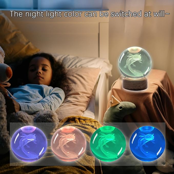 3D Axolotl Crystal Ball 3.15" with LED Lamp Colorful Wooden Base Night Light with Removable Glow Ball Color Changing Light with Remote as a crystal ball for Boy Friends (5-Axolotl, 3.15" (Inch))