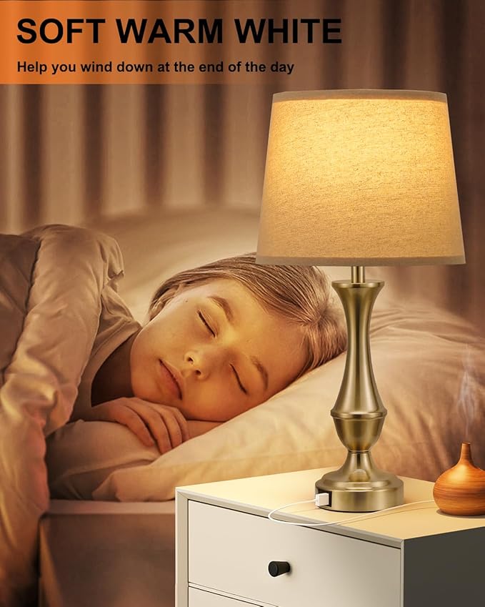 Seealle Upgraded Touch Lamps for Night Stands Set of 2 - Bedside Lamps with USB C+A, 3 Way Dimmable for Bedroom Living Room End Tables Office (Oat Shade&Coppery Base)