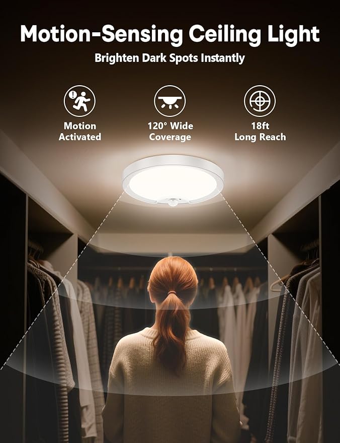 2 Pack Rechargeable Motion Sensor Ceiling Light - Remote Control 8000mAh 500LM Battery Operated Indoor Wireless Ceiling Shower Light LED Fixture Under Cabinet for Closet, Shower, Stairs, Shed, Hallway