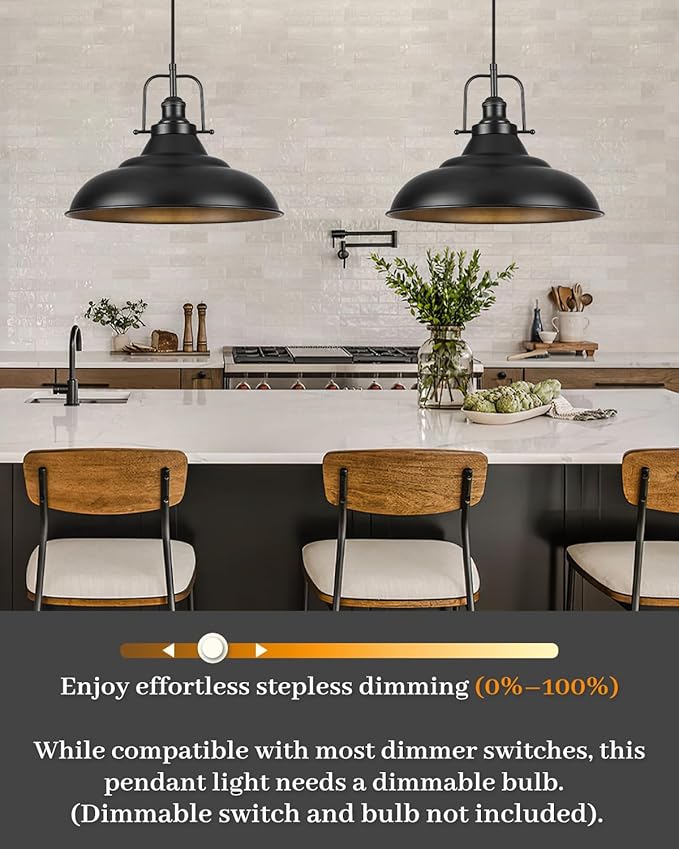 Black Pendant Light,16 Inch Large Industrial Pendant Lights, Matte Black Pendant Lights Kitchen Island, Vintage Farmhouse Pendant Light for Kitchen Island, Dining Room, Hallway (1 Pack)