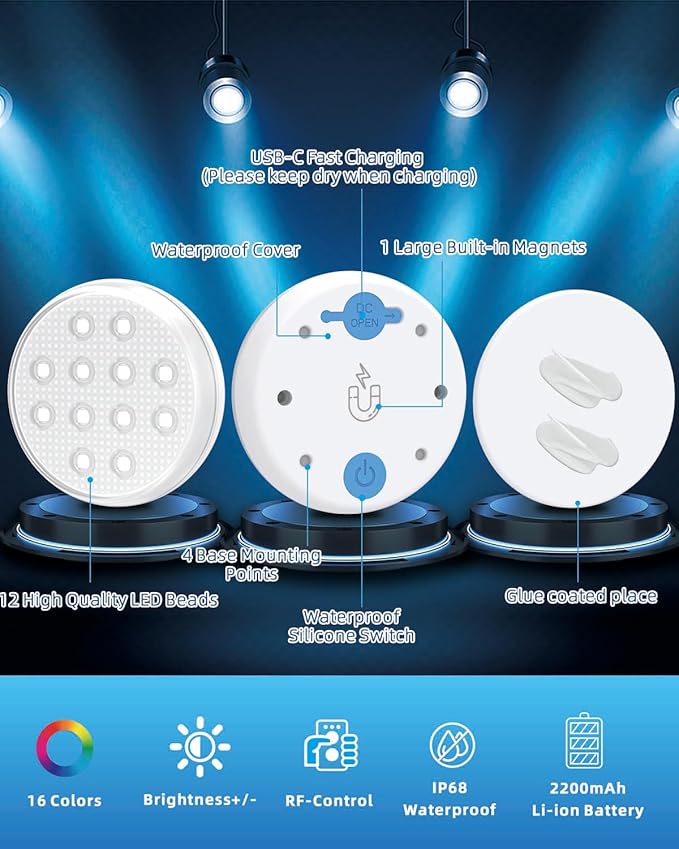 Pool Lights, Rechargeable Submersible LED Lights with Remote, IP68 Waterproof 16 Color Changing Floating Lights, Built-in Magnet Underwater Lights for Fountain, Pond, Aquarium
