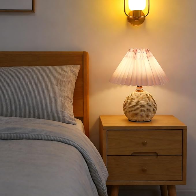Hyuduo Pleated Table Lamp, Soft Yellow Light with Linen Lampshade and Rattan Base Bedside Lamp for Bedroom Nightstand, 10 Inch Shade 15 Inch Height Warm Glow Accent Light, Ideal for (Pink)