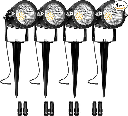Low Voltage Landscape Lights, 10W 12/24V 2700K Warm White Landscape Lighting, IP65 Waterproof Outdoor LED Spotlight for Garden Yard Tree, 4 Pack with Connectors