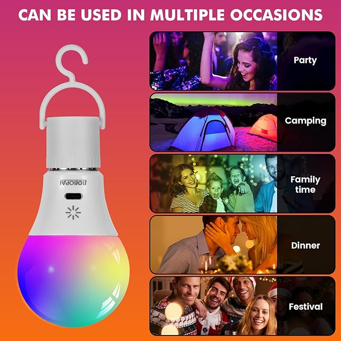 LED Rechargeable Light Bulbs With Remote ＆ Touch Dimmable, E26 Battery Operated Light Bulb for Lamps, RGB 12 Colors, 2600mAh USB battery backup Light Bulb With Timer, A19 Small Light Bulbs 2 Pack