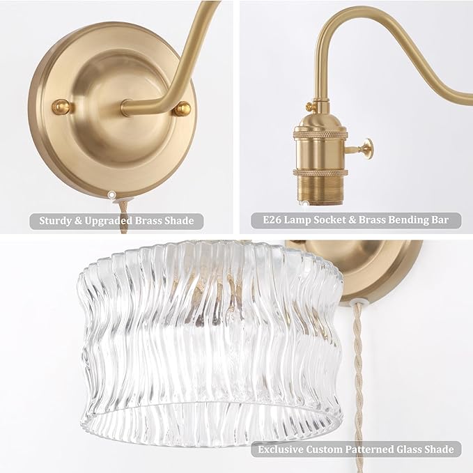 Plug in Wall Sconce Set of 2, Gold Vintage Wall Decor Lights with Clear Ripple Glass Shade, Indoor Brass Corded Wall Lamp Fixture for Bedroom Living Room Bathroom Hallway