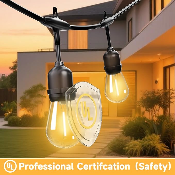 Outdoor Safety String Lights 100FT - Commercial Grade Low Voltage Strand with 40 S14 Shatterproof Bulbs for Tree Garden Yard bistro Cafe | Warm Yellow 3500K Party Lights | IP65 Waterproof | UL Listed
