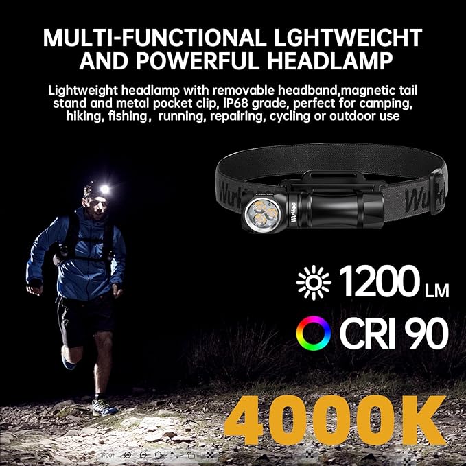 Wurkkos Flashlight Rechargeable 1200 Lumens Small Flashlights with Magnet - HD10 Right Angle Flashlight with Anduril 2.0 RGB UI, IP68 Pocket Flash Light for Headlamp Use,Working,Hiking,Climbing-4000K