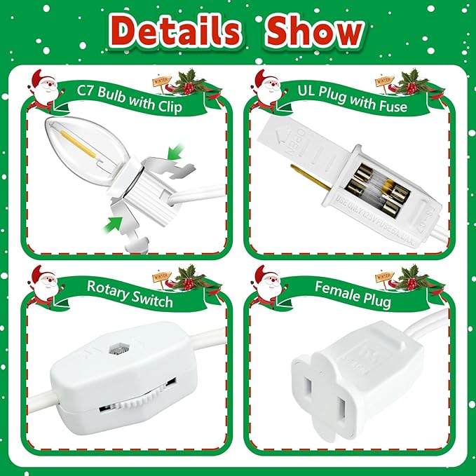 Accessory Cord with 6 LED Light Bulb Christmas Village Lights 11.8ft C7 Lamp Village Light Cord with Switch & Spare Fuse for Salt Lamp, Halloween Pumpkin, Xmas Village House Blow Mold