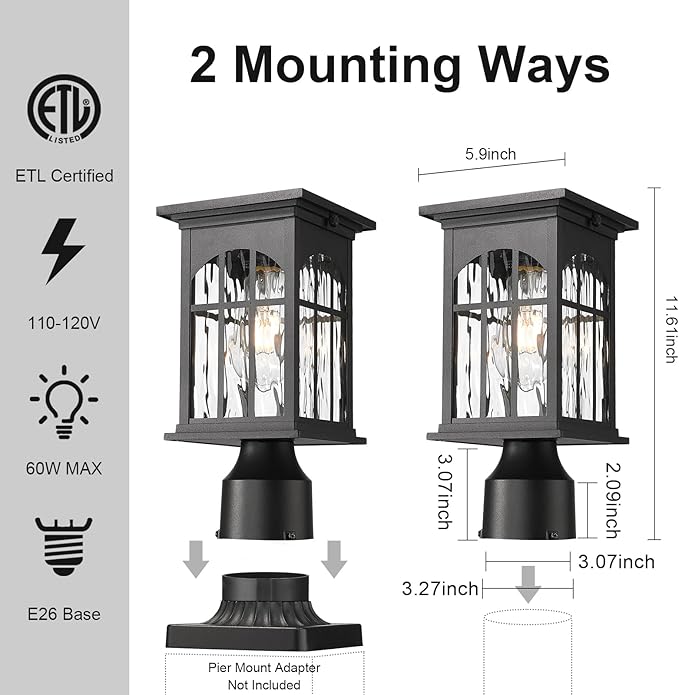 Solar Lamp Post Lights Outdoor Waterproof, Dusk to Dawn Outside Pole Light Fixture with Remote, Exterior Pillar Lantern with Water Ripple Glass and LED Bulb for Pathway Garden Patio Gargae