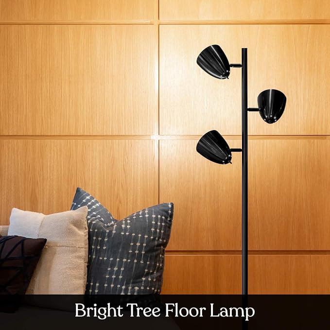 Brightech Jacob LED Standing Lamp, Modern Bright Floor Lamps for Living Rooms & Bedrooms, Tall LED Lighting Lamp with Adjustable 3 Light Tree – Classic Black