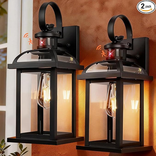 Matte Black Motion Sensor Outdoor Lighting Dusk to Dawn 2-Pack, Anti-Rust Aluminum Outdoor Light Wall Mounted House Exterior Light Fixture IP65 Waterproof Outside Wall Lantern Garage 16”