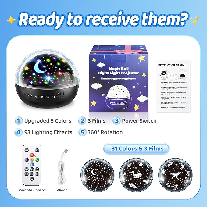 COOLNIGHT Night Light for Kids, 93 Lighting+3 Films Kids Night Light Projector, Remote+Dimmable Star Projector,360°Slient Ceiling Stars Glow in The Dark for Sleep, Boys Christmas Gifts for Grandkids