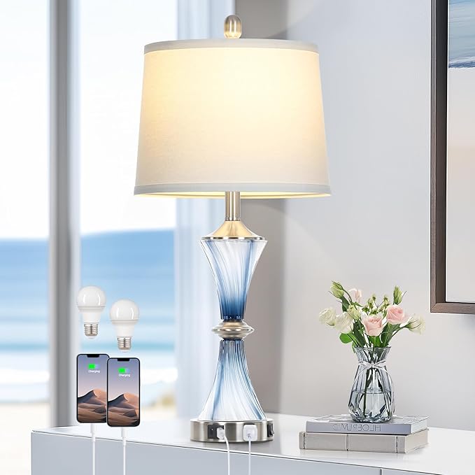 Blue Glass Table Lamp with USB C+A Ports & AC Outlet,Coastal Bedside Lamp for Night Stands Bedroom Living Room,Nightstand Lamp LED Bulbs Included,Single Blue