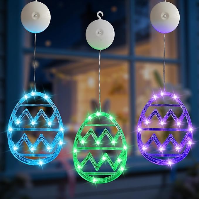 Easter Window Lights Decorations, 3 Pack Easter Hanging Window Decor Purple Green Blue Egg Lights with Suction Cup, Indoor Battery Operated Egg LED Holiday Lamp for Door Window (Purple Green Blue)