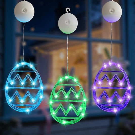 Easter Window Lights Decorations, 3 Pack Easter Hanging Window Decor Purple Green Blue Egg Lights with Suction Cup, Indoor Battery Operated Egg LED Holiday Lamp for Door Window (Purple Green Blue)