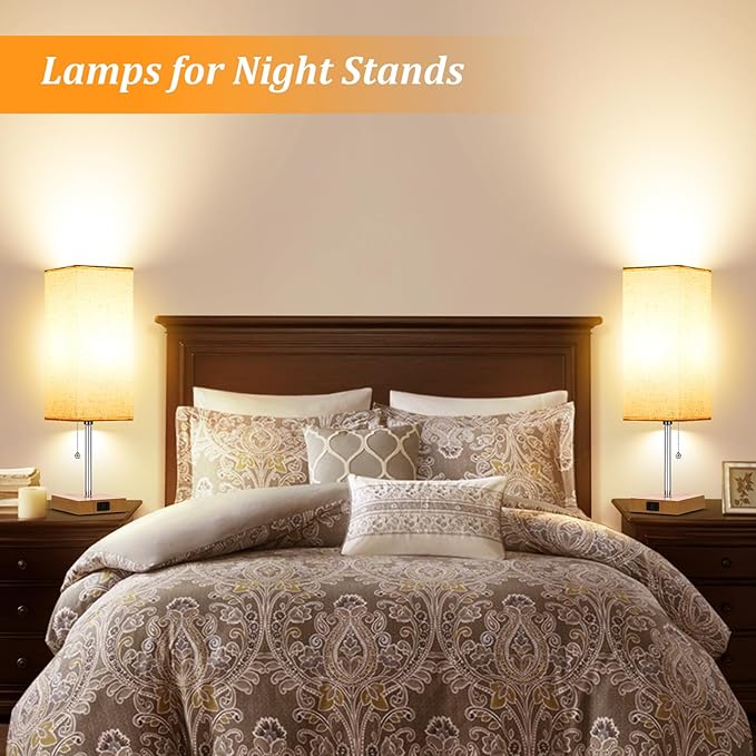 Table Lamp for Bedroom set of 2,3-Color Bedside Lamps with Pull Chain Table Lamps for Nightstand with AC Outlets,18'' Night Light Lamps with 2 Bulbs Lamps for Living Room Kids Room Office Decor（Wood）