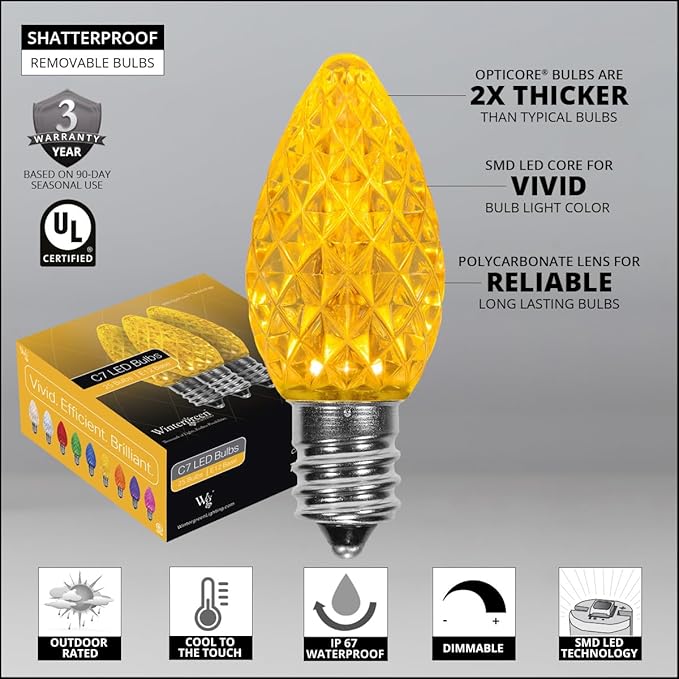 Wintergreen Lighting 50 C7 Gold OptiCore Commercial Christmas Lights – LED Outdoor Holiday on Green 18 Gauge Wire (50 ft)