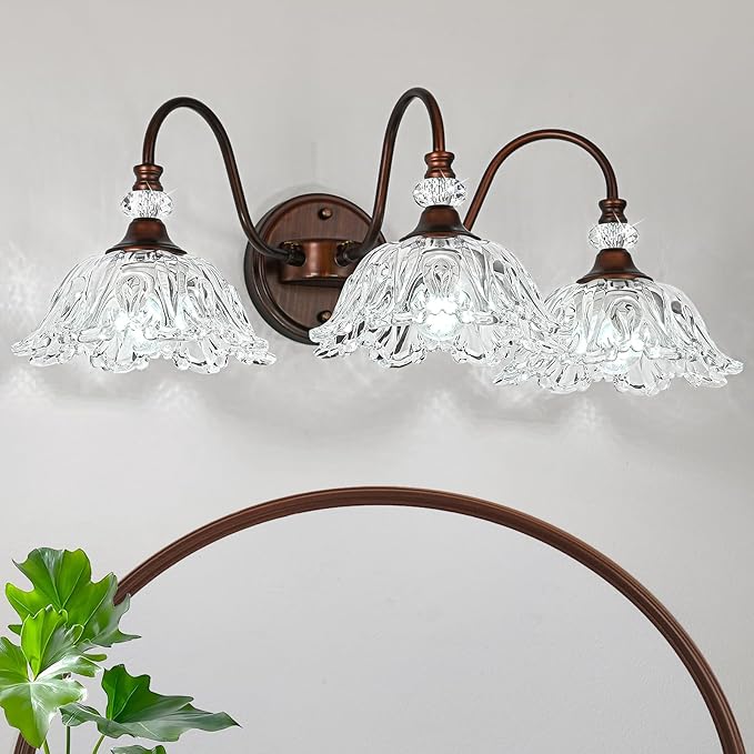 Oil Rubbed Bronze Bathroom Vanity Light, 3-Light Vintage Vanity Light with Floral Clear Glass Shades, Retro Wall Mount Lighting for Bathroom, Dressing Table