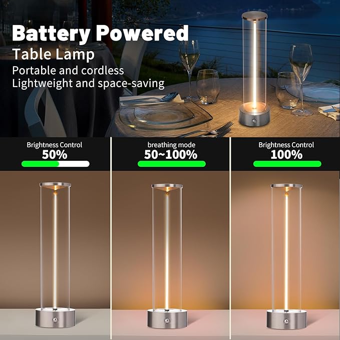 Mini Minimalist Tabe Lamp with Breathing Effect, Cordless LED Desk Lamp Rechargeable Modern Night Lights Portable Lamps for Gaming, Bedroom, Living Room, Kitchen, Bar, Restaurant (Sliver)