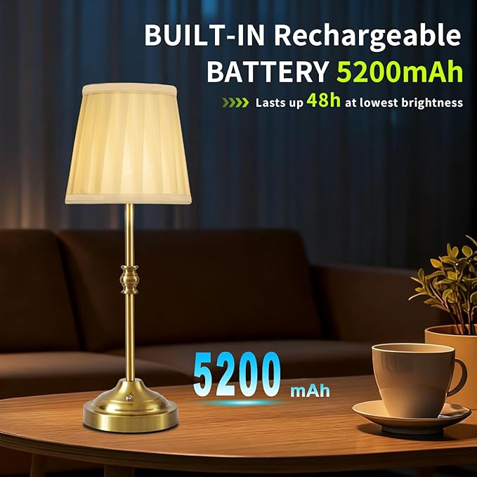Cordless Table Lamp Rechargeable, 5200mAh Battery Operated Lamp, 3-Way Dimmable Bedside Lamps for Bedroom with Fabric Shade, Small Touch Desk Lamps for Living Room,Kitchen,Patio,Balcony,Bar