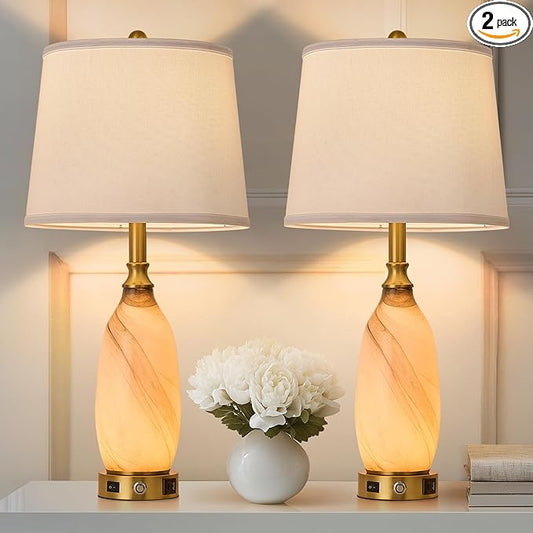 AIDENOEY 26" Modern Art Glass Table & Bedside Lamp, Stepless Dimmable Base + Dimmable 3-Color Light, USB A/C Charging Ports, Touch Control & Switch for Bedroom, Living Room, Office, Study