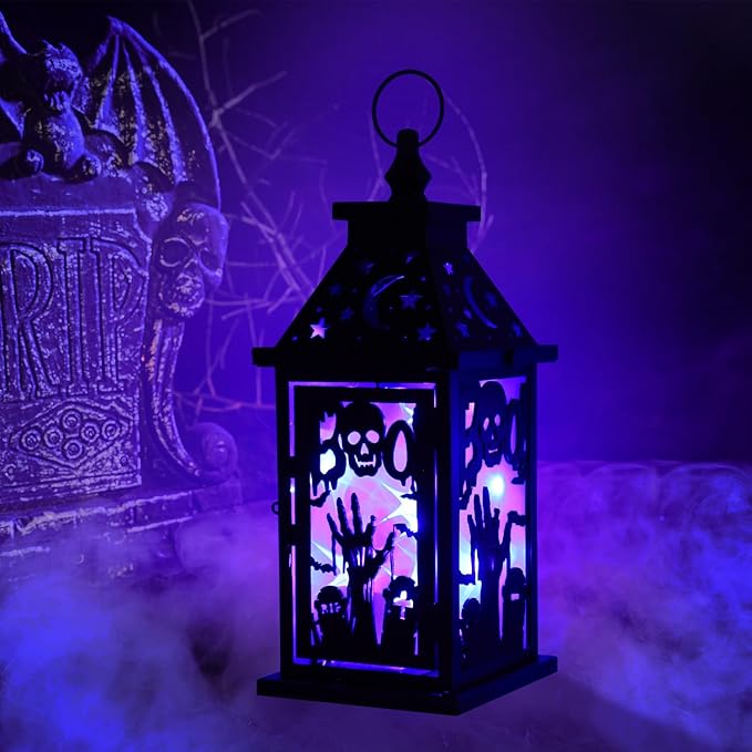 DECORKEY Halloween Decorations Indoor, 14.9" Decorative Graves&Skeleton Hands Lantern with 82" LED Lights(8 Modes; No Battery), Hanging Spooky Halloween Lanterns, Outdoor Home Room Door Party Decor
