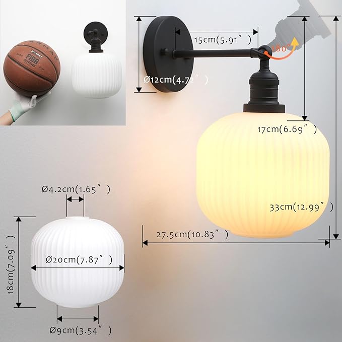 Pathson Modern Wall Sconce Lamp Milk White Round Glass, Hardwired Frosted Vintage Wall Vanity Light Fixture for Farmhouse Living Room Bedroom Bathroom Loft