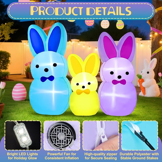 7FT Easter Bunny Inflatables Outdoor Yard Decoration LED Lighted Blow Up Colorful Triple Rabbit for Lawn Garden, Indoor Outdoor Inflatable Decor for Easter Party & Egg Hunt
