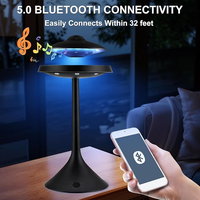 Magnetic Levitation Bluetooth UFO Speaker, Levitating UFO Speakers with Seven Color Night Lamp, Wireless Charging LED Lamp Bluetooth Speaker, 360°Rotating UFO Lamp (Black)