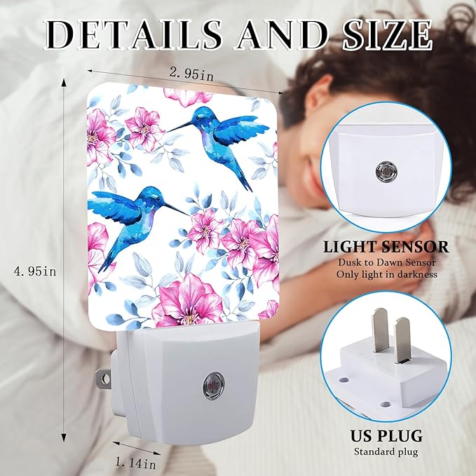 Vintage Blue Hummingbirds Night Light, Plug-into Wall Pink Spring Flower Nightlight Lamp with Dusk to Dawn Sensor, Led Lamp 0.5W Energy Efficient for Boys Girls Adults Home Decor