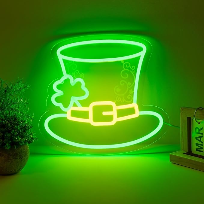 MissAudrey St. Patrick's Day Hat Neon Sign for Wall Decor, Decorations Hat Neon Signs Green Acrylic St. PatrickDay Art Wall Decor, 5V USB Powered Neon Sign Hanging for Window Wall Table Bedroom Man Cave Bar Pub Club Party