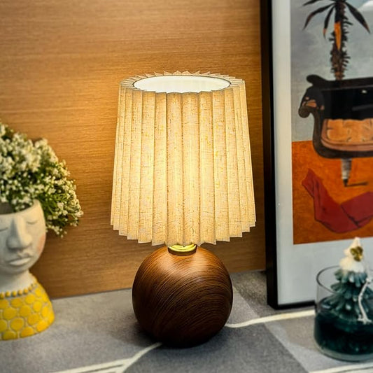 Small Pleated Table Lamp for Bedroom, Bedside Lamps for Nightstand, Dimmable Desk Lamp Ceramic Wood Grain Base Round Flaxen Fabric Shade for Living Room, Kids Room, LED Bulb Included (Modern)