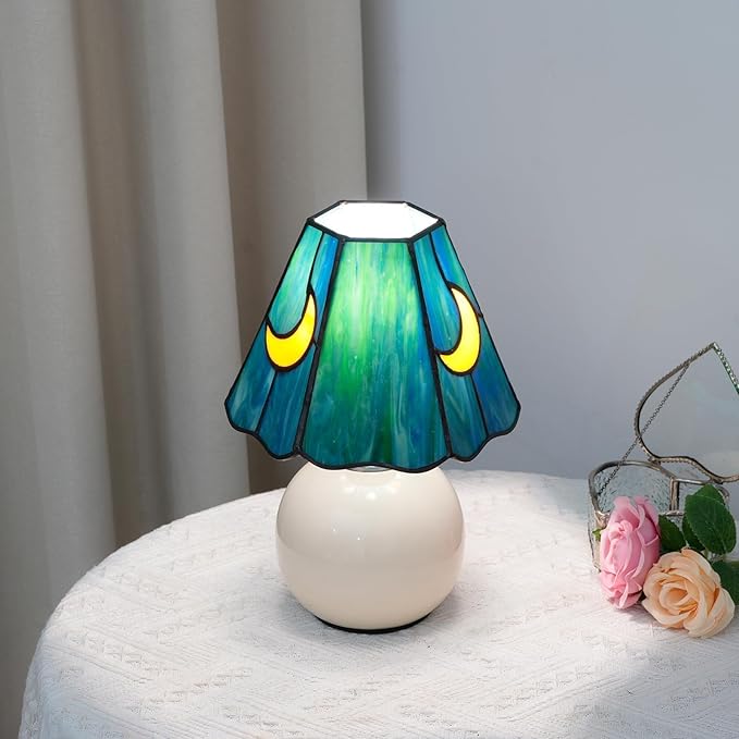 Mushroom Lamp Tiffany Lamp Stained Glass Table Lamp Moon Cute Small Bedside Lamps for Living Room Home Decor,Unique Aesthetic Home Living Room Decor Girls Women Birthday Day Gift,Sea Blue