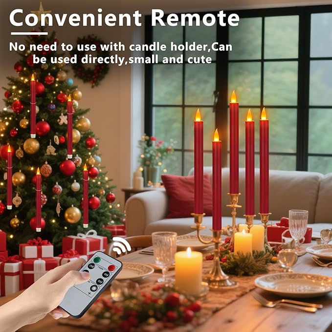 Flameless Taper Candles 10" Dripless Battery Operated Taper Candles Included Remote Timer 400+ Hours by 2AA Batteries for Halloween Christmas Wedding (Burgundy, 12 Pack)